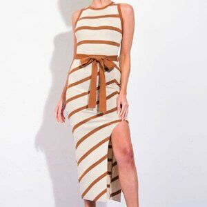 151. Brown Stripe Midi Sweater Dress with Tie Waist